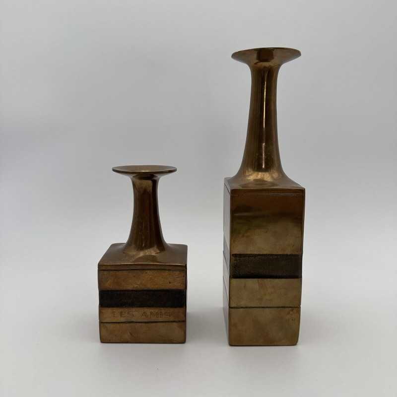 Pair of Square-Section Bronze Bottle Vases. Bruno Gambone. Circa 1970
