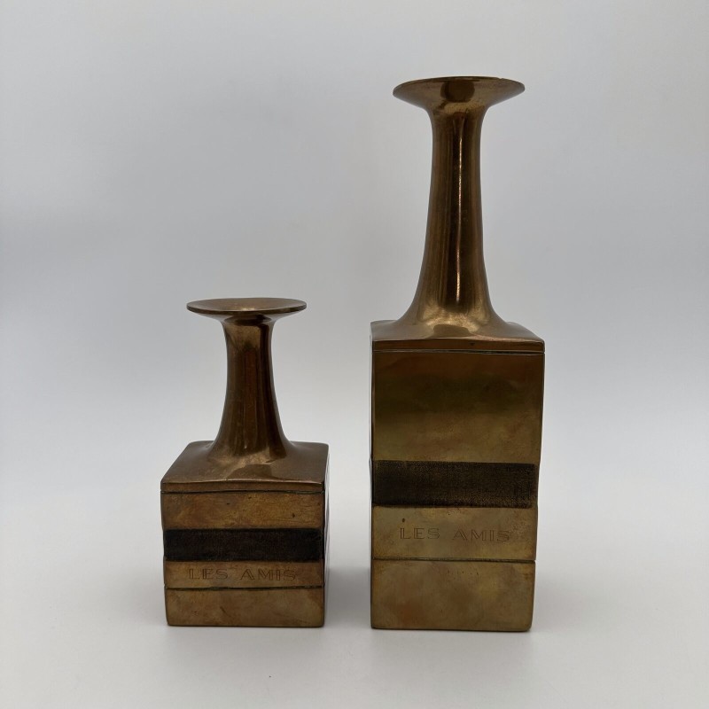 Pair of Square-Section Bronze Bottle Vases. Bruno Gambone. Circa 1970