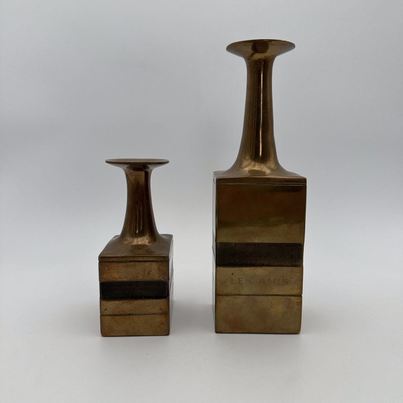 Pair of Square-Section Bronze Bottle Vases. Bruno Gambone. Circa 1970