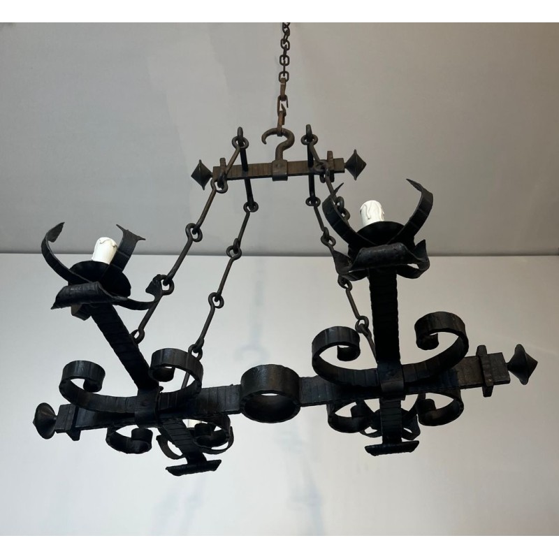Four-Light Gothic Style Wrought Iron Chandelier, French Work, circa 1940