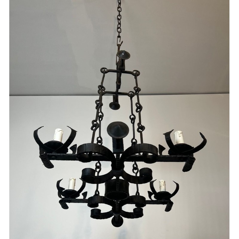 Four-Light Gothic Style Wrought Iron Chandelier, French Work, circa 1940