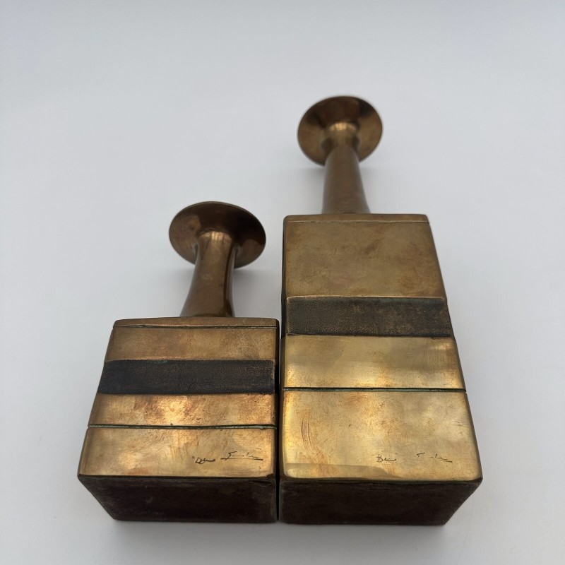 Pair of Square-Section Bronze Bottle Vases. Bruno Gambone. Circa 1970