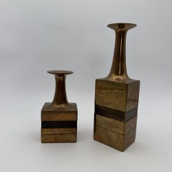 Pair of Square-Section Bronze Bottle Vases. Bruno Gambone. Circa 1970