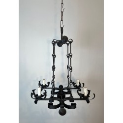Four-Light Gothic Style Wrought Iron Chandelier, French Work, circa 1940