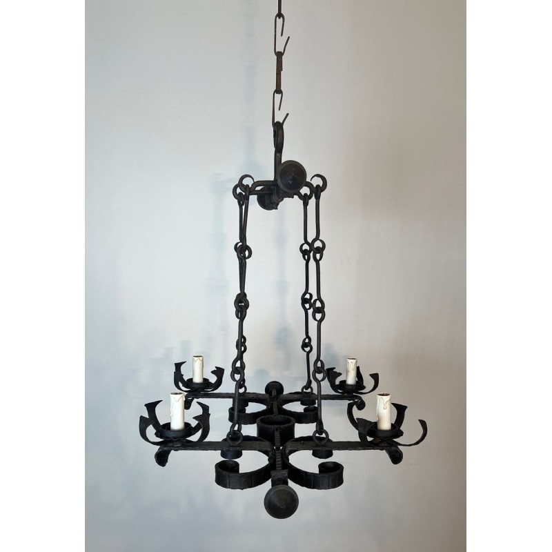 Four-Light Gothic Style Wrought Iron Chandelier, French Work, circa 1940