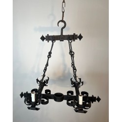 Four-Light Gothic Style Wrought Iron Chandelier, French Work, circa 1940