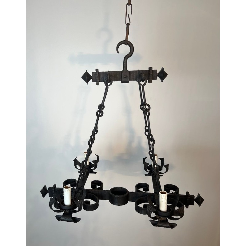Four-Light Gothic Style Wrought Iron Chandelier, French Work, circa 1940