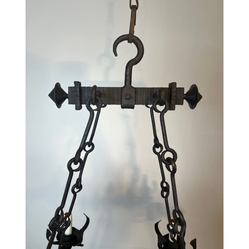 Four-Light Gothic Style Wrought Iron Chandelier, French Work, circa 1940