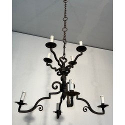 Eight-Light Two-Tier Gothic Style Wrought Iron Chandelier, French Work, circa 1940