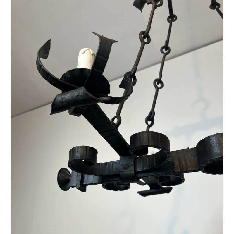 Four-Light Gothic Style Wrought Iron Chandelier, French Work, circa 1940