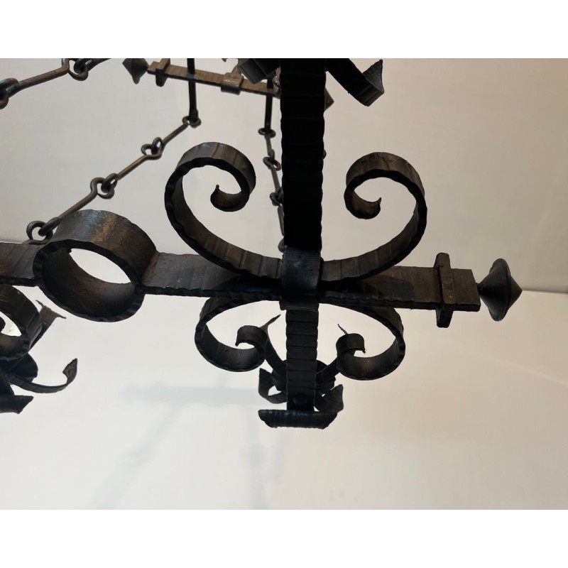 Four-Light Gothic Style Wrought Iron Chandelier, French Work, circa 1940