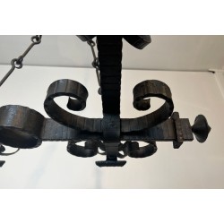 Four-Light Gothic Style Wrought Iron Chandelier, French Work, circa 1940