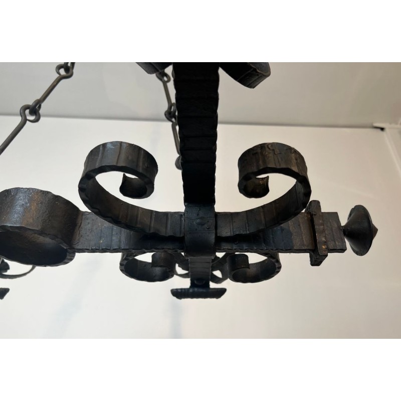 Four-Light Gothic Style Wrought Iron Chandelier, French Work, circa 1940
