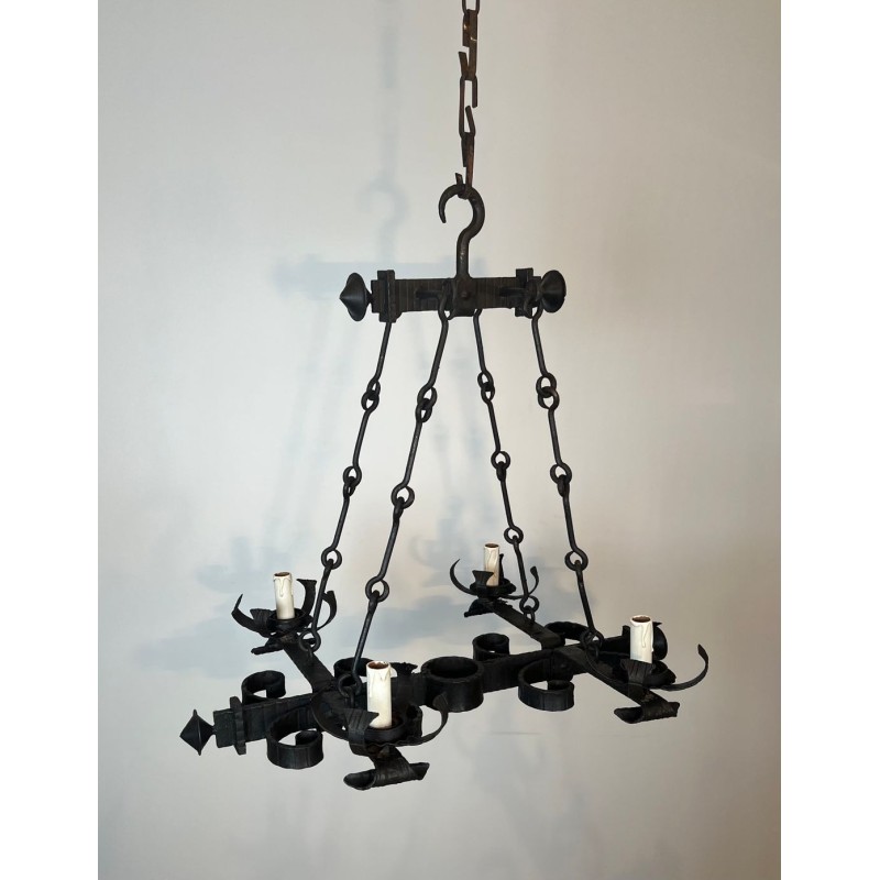 Four-Light Gothic Style Wrought Iron Chandelier, French Work, circa 1940