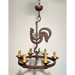 Wrought Iron Rooster Chandelier by Jean Touret for Atelier Marolles, circa 1950