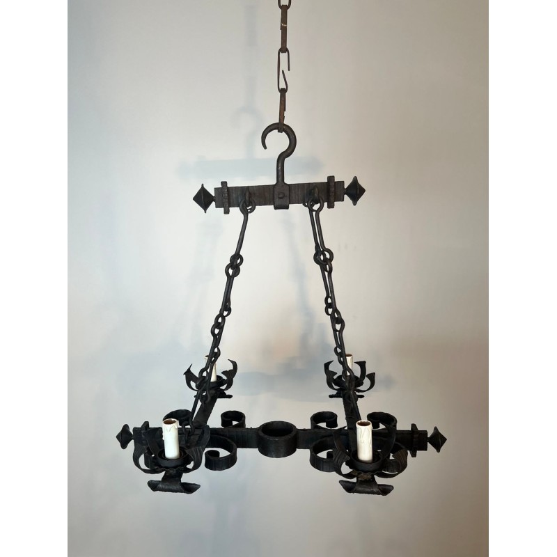Four-Light Gothic Style Wrought Iron Chandelier, French Work, circa 1940