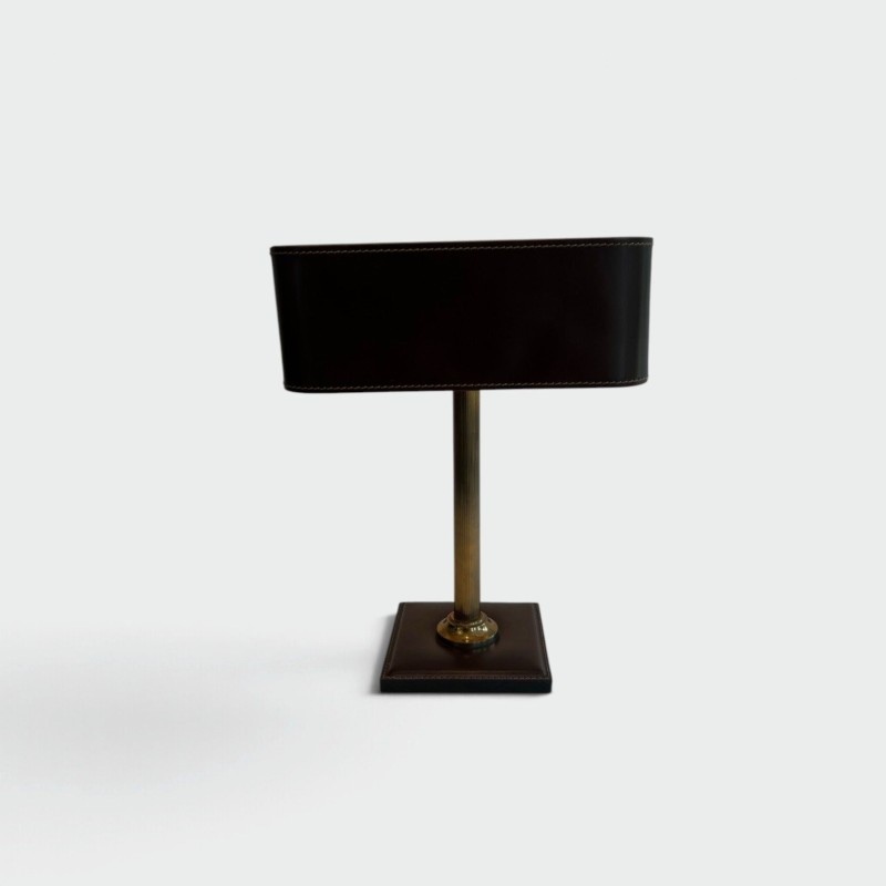 Desk Lamp in Brown Saddle-Stitched Leather and Gilt Brass, in the Style of Jacques Adnet, Circa 1950