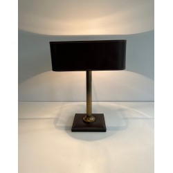 Desk Lamp in Brown Saddle-Stitched Leather and Gilt Brass, in the Style of Jacques Adnet, Circa 1950