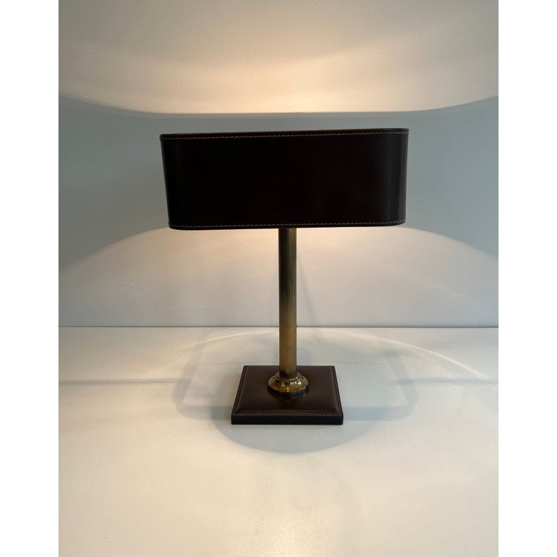 Desk Lamp in Brown Saddle-Stitched Leather and Gilt Brass, in the Style of Jacques Adnet, Circa 1950