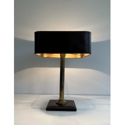 Desk Lamp in Brown Saddle-Stitched Leather and Gilt Brass, in the Style of Jacques Adnet, Circa 1950