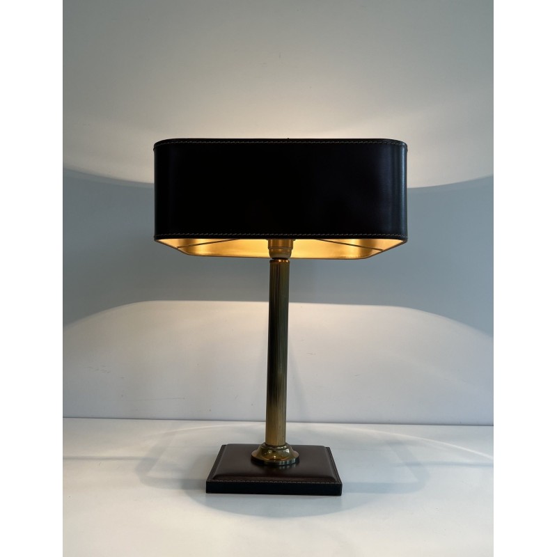 Desk Lamp in Brown Saddle-Stitched Leather and Gilt Brass, in the Style of Jacques Adnet, Circa 1950