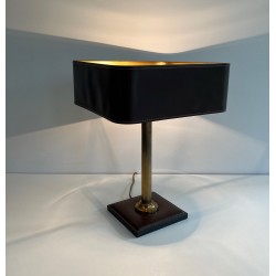 Desk Lamp in Brown Saddle-Stitched Leather and Gilt Brass, in the Style of Jacques Adnet, Circa 1950