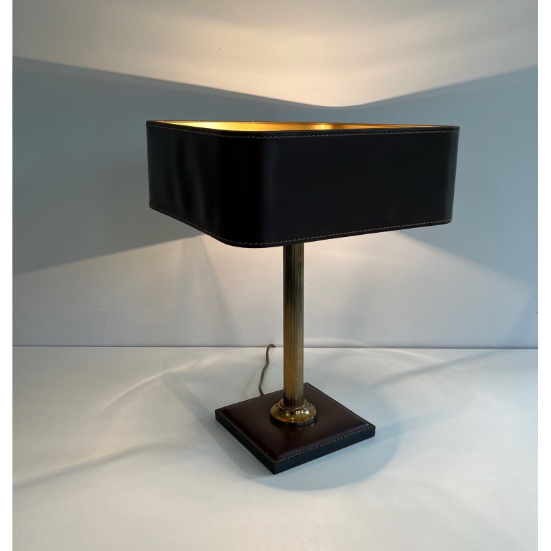 Desk Lamp in Brown Saddle-Stitched Leather and Gilt Brass, in the Style of Jacques Adnet, Circa 1950