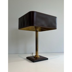 Desk Lamp in Brown Saddle-Stitched Leather and Gilt Brass, in the Style of Jacques Adnet, Circa 1950