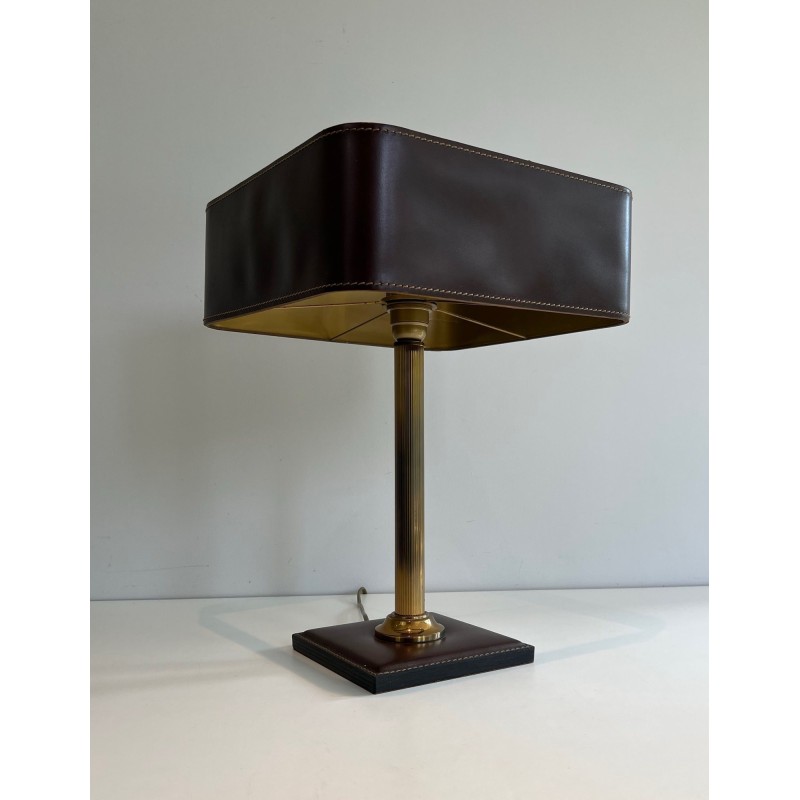 Desk Lamp in Brown Saddle-Stitched Leather and Gilt Brass, in the Style of Jacques Adnet, Circa 1950