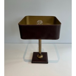 Desk Lamp in Brown Saddle-Stitched Leather and Gilt Brass, in the Style of Jacques Adnet, Circa 1950