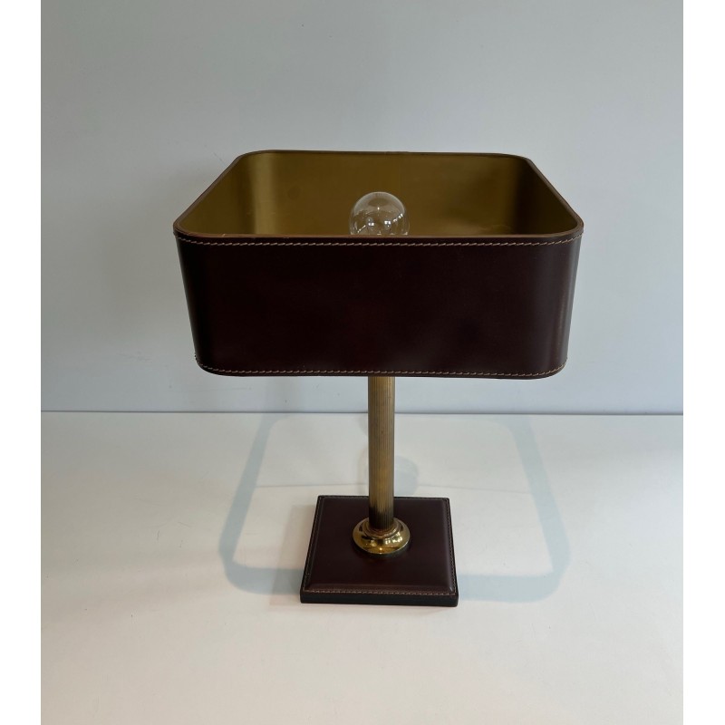 Desk Lamp in Brown Saddle-Stitched Leather and Gilt Brass, in the Style of Jacques Adnet, Circa 1950