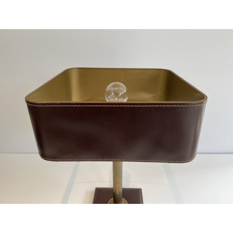 Desk Lamp in Brown Saddle-Stitched Leather and Gilt Brass, in the Style of Jacques Adnet, Circa 1950