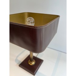 Desk Lamp in Brown Saddle-Stitched Leather and Gilt Brass, in the Style of Jacques Adnet, Circa 1950