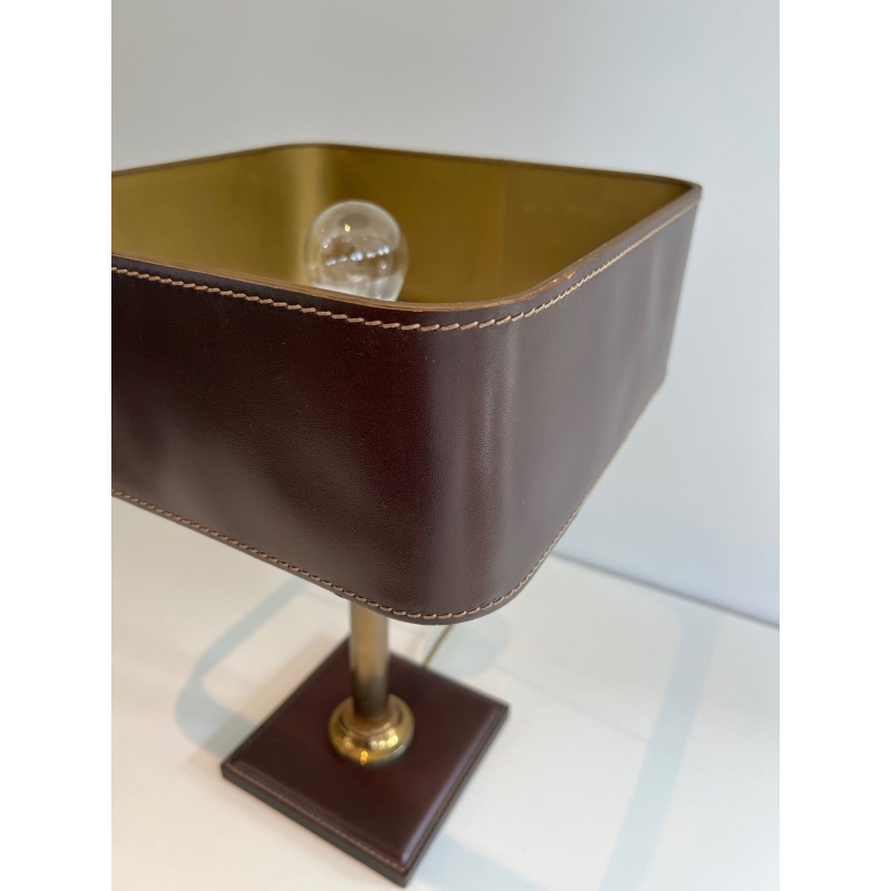 Desk Lamp in Brown Saddle-Stitched Leather and Gilt Brass, in the Style of Jacques Adnet, Circa 1950
