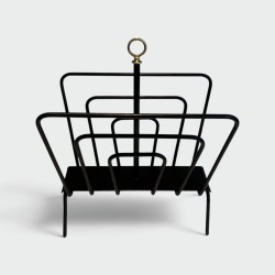 Black Lacquered Metal Magazine Rack with Compartments and Brass Ring, in the Style of Jacques Adnet, 1950s