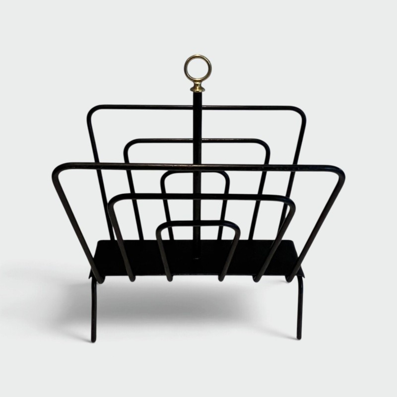 Black Lacquered Metal Magazine Rack with Compartments and Brass Ring, in the Style of Jacques Adnet, 1950s