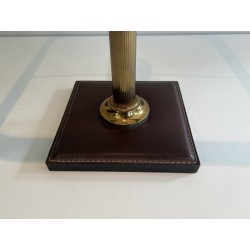 Desk Lamp in Brown Saddle-Stitched Leather and Gilt Brass, in the Style of Jacques Adnet, Circa 1950