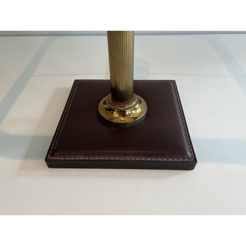 Desk Lamp in Brown Saddle-Stitched Leather and Gilt Brass, in the Style of Jacques Adnet, Circa 1950