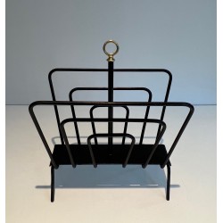 Black Lacquered Metal Magazine Rack with Compartments and Brass Ring, in the Style of Jacques Adnet, 1950s