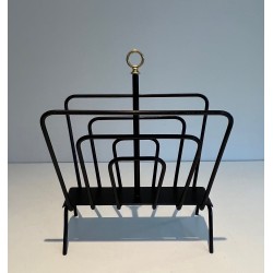 Black Lacquered Metal Magazine Rack with Compartments and Brass Ring, in the Style of Jacques Adnet, 1950s
