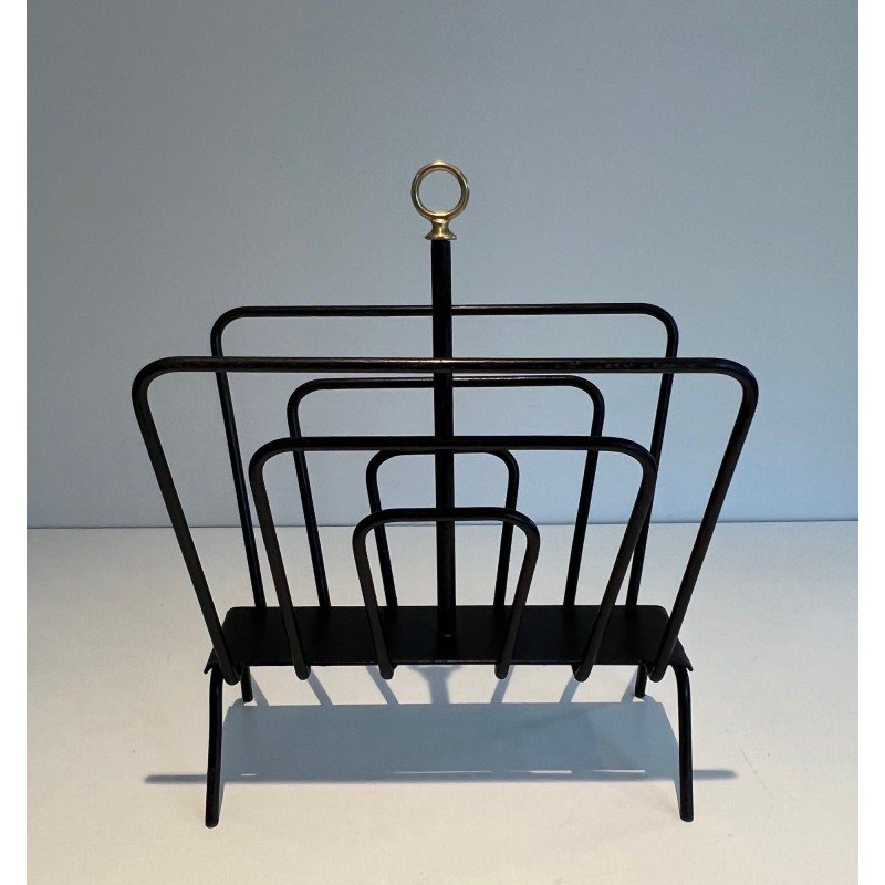 Black Lacquered Metal Magazine Rack with Compartments and Brass Ring, in the Style of Jacques Adnet, 1950s