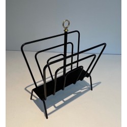 Black Lacquered Metal Magazine Rack with Compartments and Brass Ring, in the Style of Jacques Adnet, 1950s