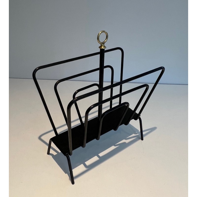 Black Lacquered Metal Magazine Rack with Compartments and Brass Ring, in the Style of Jacques Adnet, 1950s