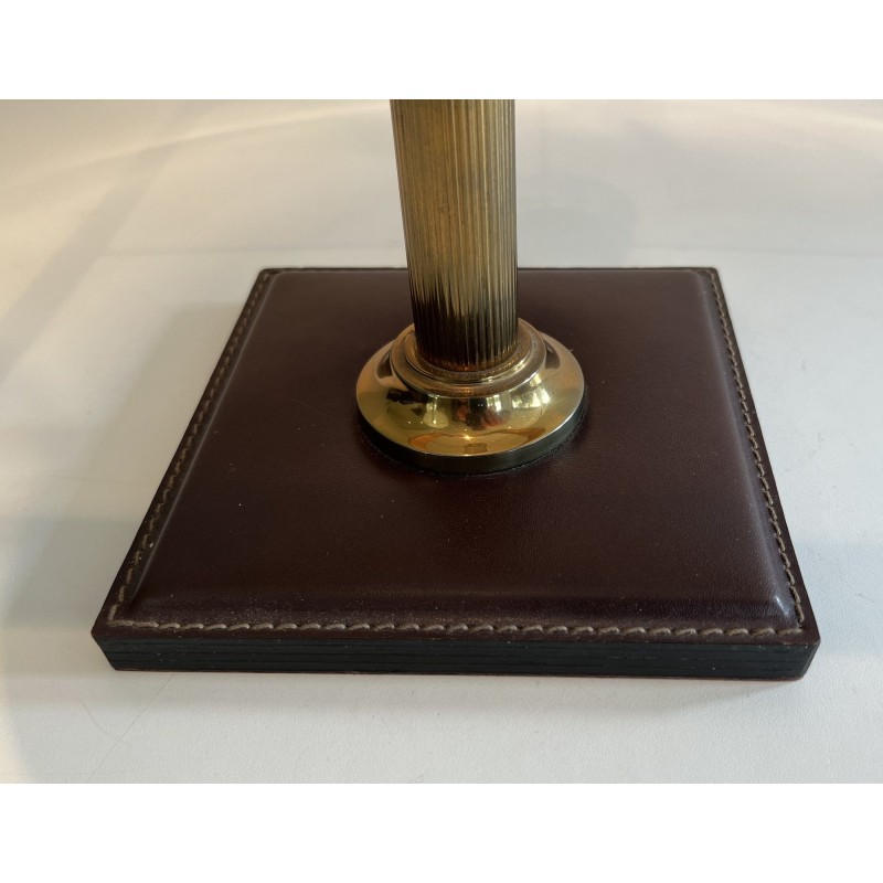 Desk Lamp in Brown Saddle-Stitched Leather and Gilt Brass, in the Style of Jacques Adnet, Circa 1950