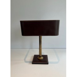 Desk Lamp in Brown Saddle-Stitched Leather and Gilt Brass, in the Style of Jacques Adnet, Circa 1950