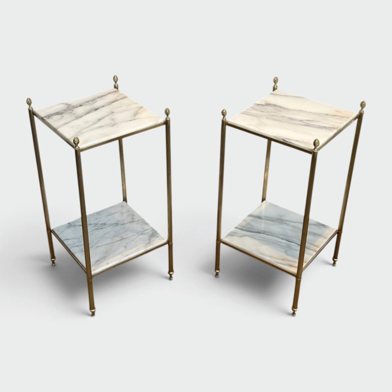 Pair of Neoclassical Side Tables in Brass with Two White Marble Tiers and Pinecone Finials, Maison Jansen, 1960s /A