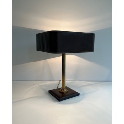 Desk Lamp in Brown Saddle-Stitched Leather and Gilt Brass, in the Style of Jacques Adnet, Circa 1950