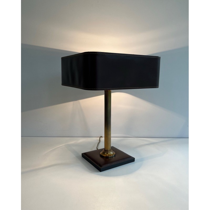 Desk Lamp in Brown Saddle-Stitched Leather and Gilt Brass, in the Style of Jacques Adnet, Circa 1950