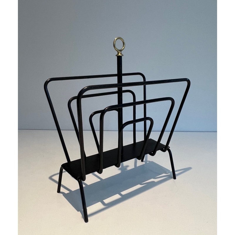 Black Lacquered Metal Magazine Rack with Compartments and Brass Ring, in the Style of Jacques Adnet, 1950s