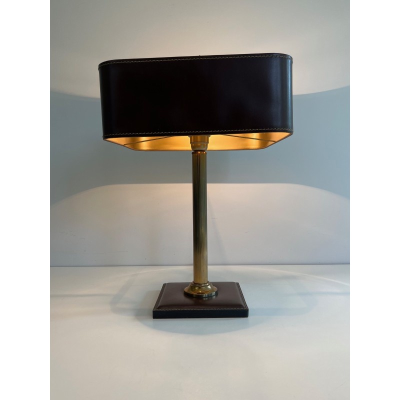 Desk Lamp in Brown Saddle-Stitched Leather and Gilt Brass, in the Style of Jacques Adnet, Circa 1950
